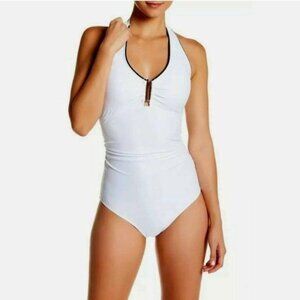 Women's Jones New York White Tummy Control Halter One-Piece Swimsuit Size 12